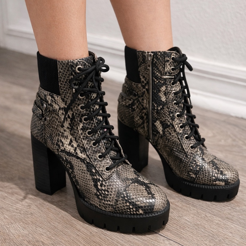 Charles By Charles David Snake-Print Lace-Up Block Heel Boots - Black/Tan